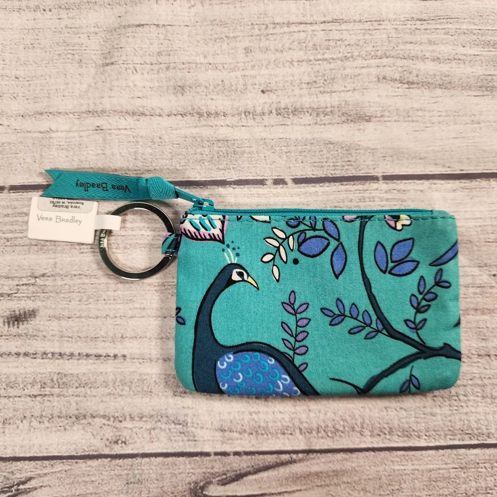 Vera Bradley Zip ID Case Peacock Garden Teal Floral Cotton Wallet 14559-12010